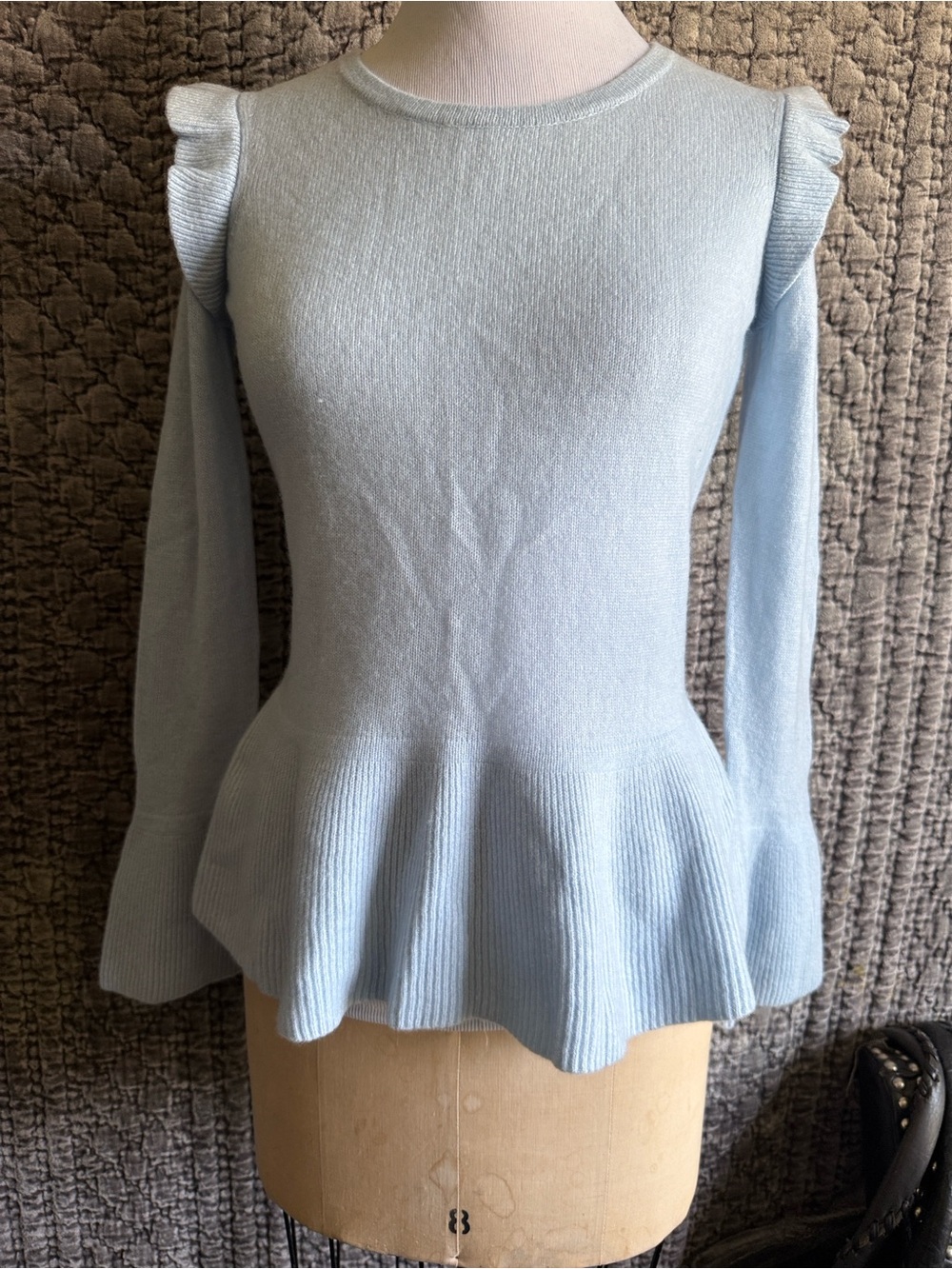 Light Blue Ruffle Peplum Crewneck Sweater 100%Cashmere.